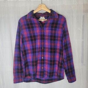 L.L. Bean Flannel Shirt Womens Size Small Plaid Long Sleeve Purple Relaxed Fit